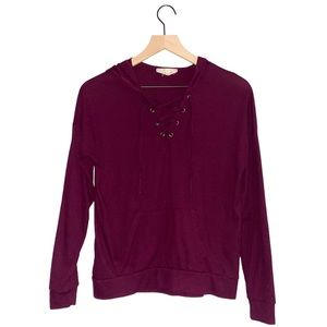 Ribbed Cross Over Lace up Maroon Hooded Pullover Size XS